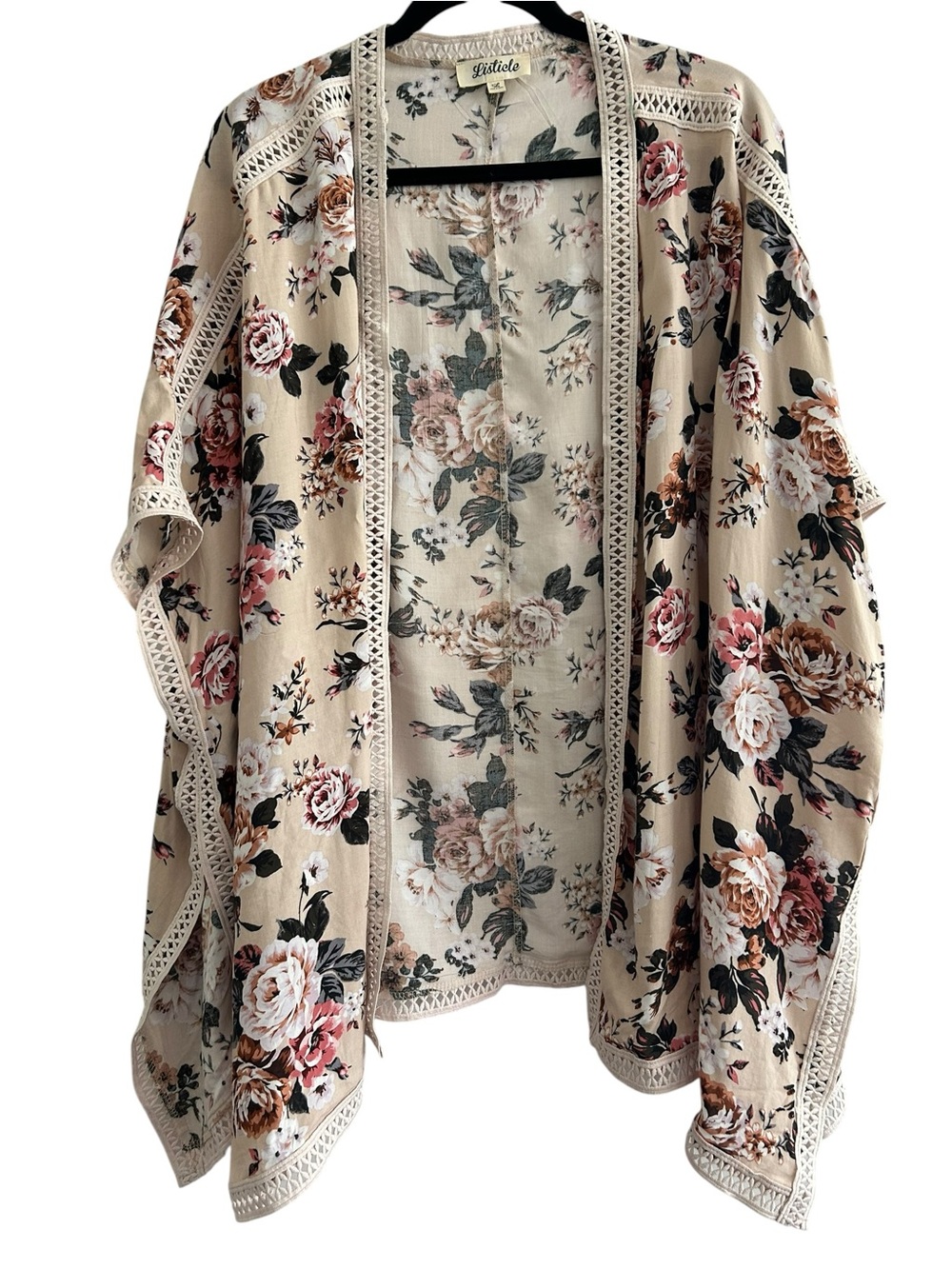 Listicle Boho Floral Crochet Lace Trim Kimono Cardigan Cream Open Front L